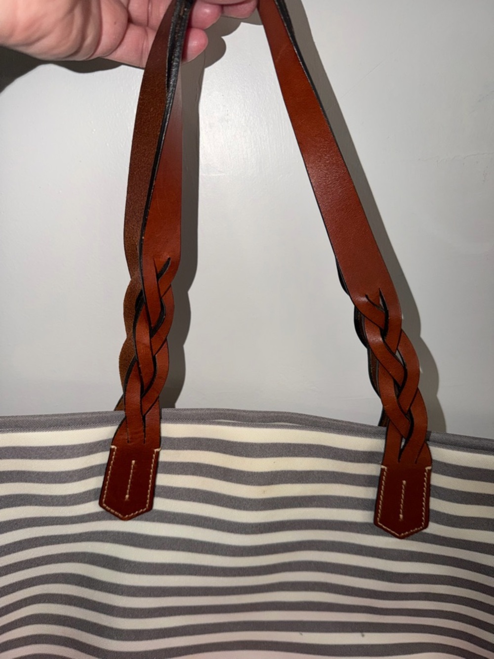 Dooney & Bourke Pink and Gray Striped Canvas Tote with Brown Leather Handles - Picture 5 of 5
